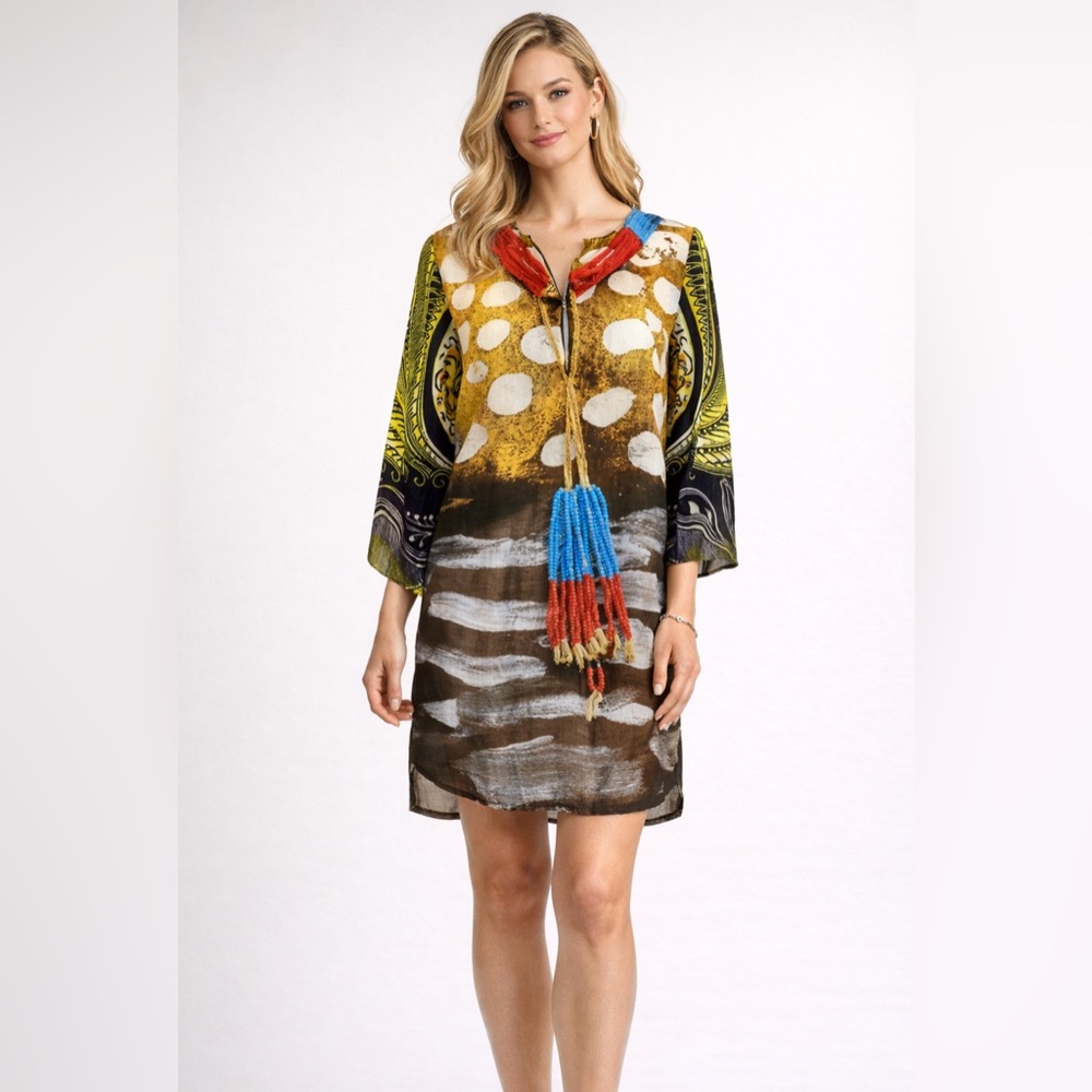 Anthropologie FIGUE Shift Tunic Dress S Small Silk Op Art 3/4 Long Sleeve